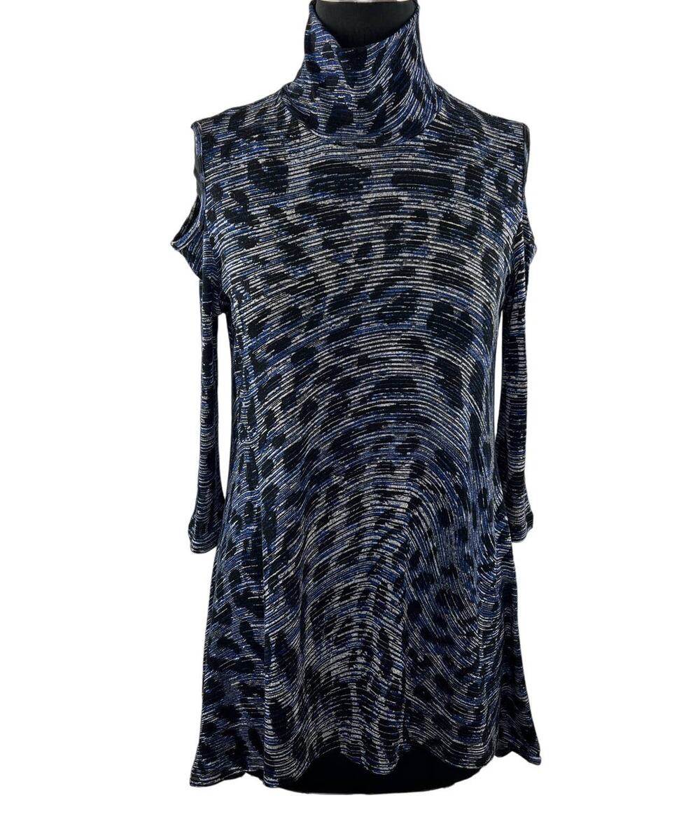 CLARA SUN WOO Blue Black XS Cold Shoulder Top Turtleneck 3/4 Sleeve Pullover